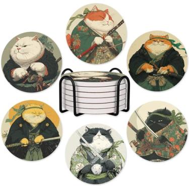 Imagem de 6 peças de porta-copos para gatos, edição ninja com suporte, porta-copos de cerâmica para gatos de anime engraçado para tipos de xícaras, decoração de mesa de café, presentes para amantes de gatos