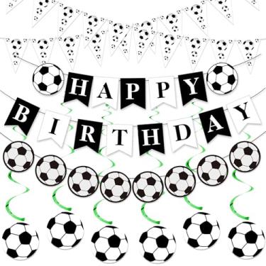 Imagem de Decorações de festa de aniversário de futebol preto - faixa de feliz aniversário guirlanda de redemoinhos pendurados, suprimentos de festa para crianças tema esportivo decoração de festa