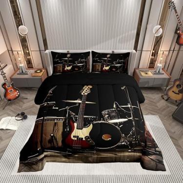 Imagem de Castle Fairy Conjunto de cama casal com tambor 3D, instrumento musical, para decoração de quarto de adolescentes, adolescentes, crianças, meninos, música rock roll, reversível, conjunto de colcha