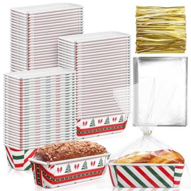 Imagem de Teenyyou 50 conjuntos de formas de pão de papel de Natal 15 x 5 x 5 cm mini formas de pão descartáveis com sacos plásticos transparentes e laços retangulares recipientes de pão para assar bolo de pão