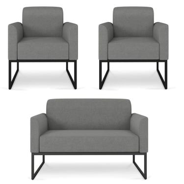 Imagem de Kit Namoradeira e 2 Poltronas Decorativas Base Industrial Preta Maressa A26 Linho Grafite - Ibiza