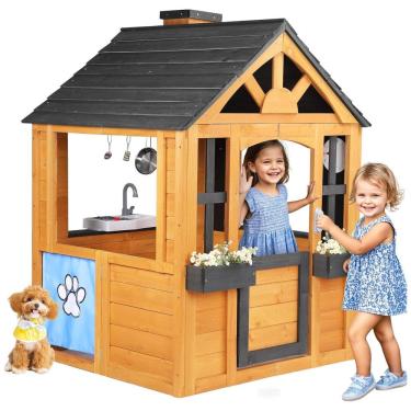 Imagem de Casa de Brincar para Crianças ao Ar Livre - Feita de Cedro com Cozinha, Porta para Pets, Pia, Fogão e Janelas - Ideal para Diversão