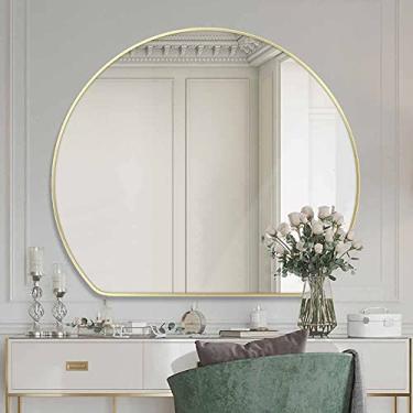 Imagem de Espelho de parede para banheiro, espelho de banheiro regulável de 3 cores, espelho de maquiagem inteligente com botão de toque, espelho de parede dourado, espelho led de meia lua, espelho decorativo