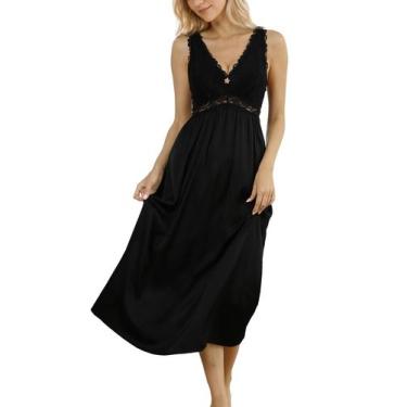 Imagem de Camisola ALCEA ROSEA de seda de cetim com renda para mulheres (preta M