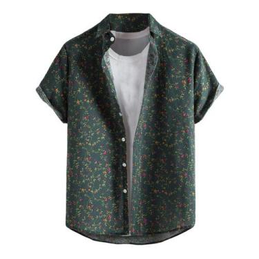 Imagem de Camisa masculina COZYEASE com estampa tropical, manga curta, verde esc