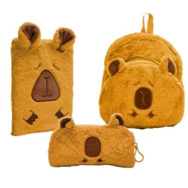 Imagem de Kit Escolar Capivara Estojo Mochila Caderno De Pelúcia Fofa - Polibrin