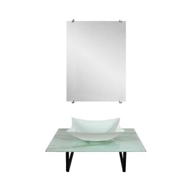 Imagem de Conjunto Lavatorio Para Banheiro Cuba De Apoio Vidro Marmorizado Branco Com Espelho Vmex Pia Lavabo Sobrepor