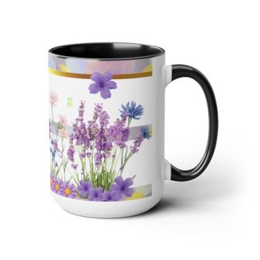 Imagem de Caneca de flores silvestres lavanda - Canecas de cerâmica de flores em aquarela para mulheres, presentes de borboleta, xícara de café floral - fofa (preta, 425 g)