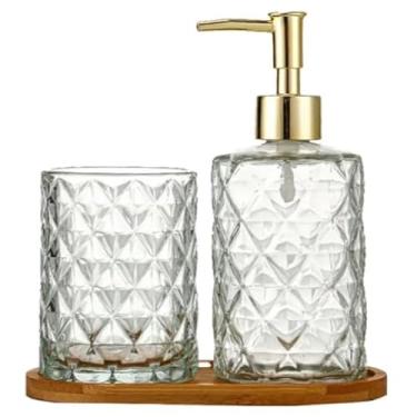 Imagem de Kit Banheiro 4 Peças em Cerâmica e Plástico com Dispenser Cromado 2 Porta-Escovas e Saboneteira – Organização e Estilo para Seu Lavabo (Conj. Vidro 3 Peças - Dourada)