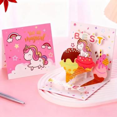 Imagem de Cartão de aniversário pop up de unicórnio mágico com design de sorvete