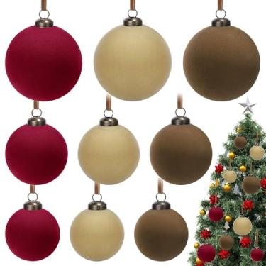 Imagem de Aneco 18 peças de enfeites de Natal de veludo, 3 tamanhos de bola de árvore de Natal flocada, ornamentos decorativos de plástico para pendurar com 18 fitas para decoração de árvore de guirlanda de
