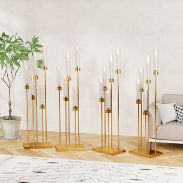 Imagem de foriy Candelabro de chão, 4 peças, castiçais de chão para casamento, 5 braços, castiçais dourados, conjunto de castiçais de metal de 108 cm de altura com abajures de acrílico para festa em casa (4