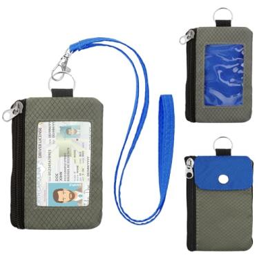 Imagem de Carteira minimalista com bloqueio de RFID com cordão, capa de identificação funcional com 2 bolsos com zíper e chaveiro para homens e mulheres, porta-cartões com crachá tático, porta-moedas para