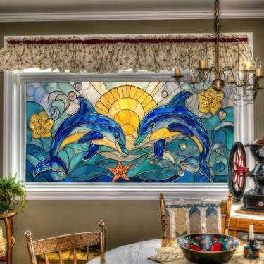Imagem de HOMETITUTE Película para janela Dolphin Ocean 100 x 43 cm, estilo vitral, capa decorativa com aderência estática, privacidade para sala de estar, quarto, banheiro, escritório