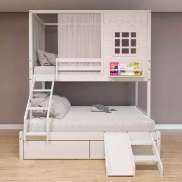 Imagem de Beliche Casinha Reta Casal/ Solteiro Com 02 Gavetas Escorregador E Cortina Madeira Maciça Branco Housin