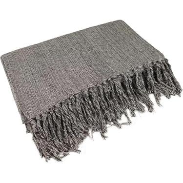 Imagem de Manta Decorativa Para Sofá em Algodão, Cinza com Franjas, 240x180cm, Cobertor Protetor Estilo Moderno
