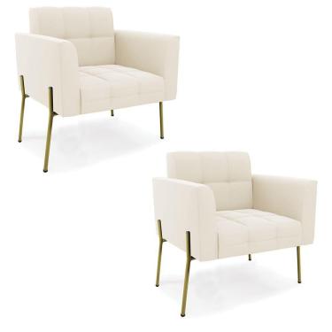 Imagem de Poltrona Pé De Ferro Dourado Para Sala Kit 2 Elisa Veludo D03 - D'rossi Cor Bege