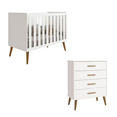Imagem de Kit Berço Americano Isis com Cômoda Gaveteiro Infantil em MDF Branco Acetinado Certificado Inmetro