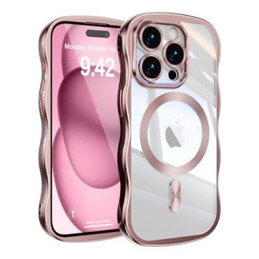 Imagem de UEEBAI Capa para iPhone 15 Pro, linda capa de celular magnética com moldura ondulada compatível com Magsafe Capa de proteção de câmera completa capa de telefone galvanizada macia para mulheres e