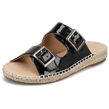 Imagem de Sandália feminina Journee Slide On acolchoada Tresah Espadrille bico aberto couro sintético fivela dupla, Patente/preto, 35