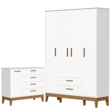 Imagem de Guarda Roupa Infantil Flip 4 Portas Com Cômoda Sapateira Infantil Flip Branco Acetinado - Reller