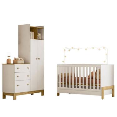 Imagem de Berço Americano Mini Cama 4300 Fantasia E Guarda Roupa Com Cômoda 4970 Q Encanto Slim Branco Acetinado - Qmovi