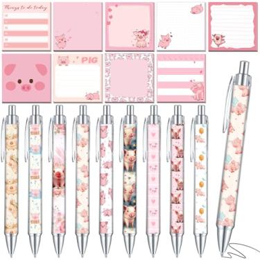 Imagem de Saypacck 18 peças de acessórios de mesa de porco, 9 blocos de notas adesivas fofas, 9 canetas Kawaii, bloco de notas de 7,6 x 7,6 cm para material de escritório, reunião, estudantes, decoração escolar