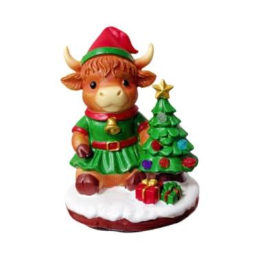 Imagem de UGPLM Enfeite de Natal em forma de vaca Terras Altas, com luzes, estatueta natalina e original para estante, lareira, sala de jantar ou casa.