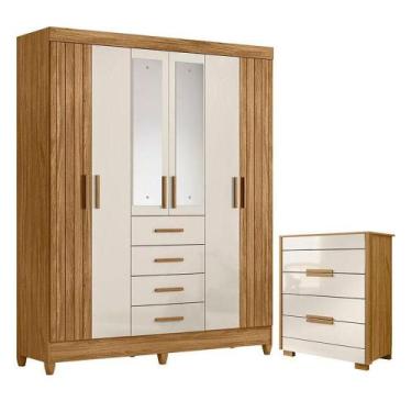 Imagem de Guarda Roupa Solteiro Aruba Com Espelho E Cômoda Dhara Freijó Off Whit