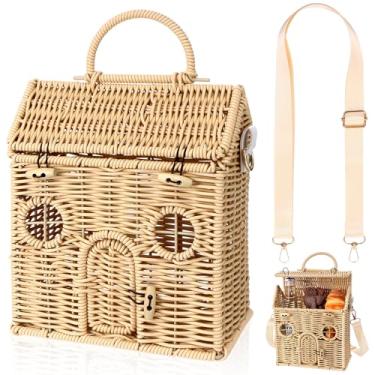 Imagem de Handmade Rattan Doll House Rattan House Shape Shoulder Bag Wicker Basket with Lid Mouse in a Box Storage BasketDecorative Hand Woven Shelf Organizer Woven Handcrafted Artwork Gift (Cream)