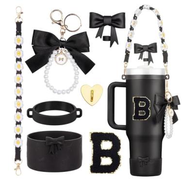 Imagem de Rabrgab Conjunto de acessórios para copos Stanley pretos de 7 peças – topo de palha com laço, pingente de laço fofo, bota de silicone com design de laço, alça de alça de garrafa de água e adesivo de