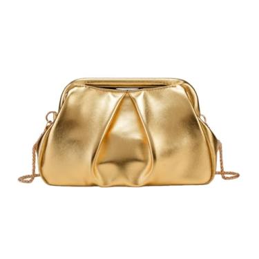 Imagem de MILATA Elegante bolsa clutch metálica para noite, design plissado franzido, bolsa de festa com alça transversal de corrente removível, Dourado