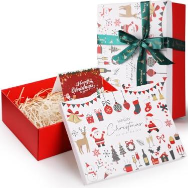 Imagem de Joogee Caixas de presente de Natal com laço e enchimento de papel desfiado, caixa de presente de Natal de papelão de 29 x 20 x 10 cm com tampa, cartão em branco para decoração de festa de Natal