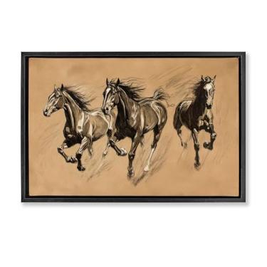 Imagem de Stupell Industries Arte de parede em tela flutuante com moldura dourada Running Free Horse Trio, design por Petal Prints Design, 43 x 63 cm