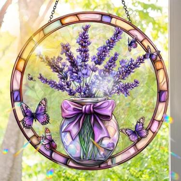 Imagem de Acrílico colorido Suncatcher, pingente de pendurar apanhador de sol estilo vitral de flor, decoração de arte de parede de arco-íris com corrente, refrator de janelas de luz do sol, ornamento interno e