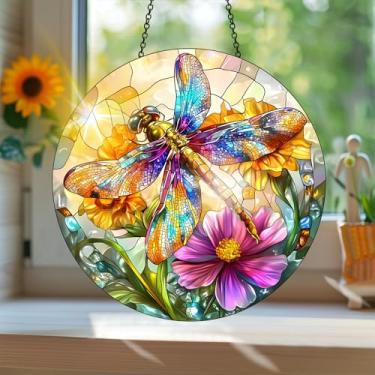 Imagem de Acrílico colorido Suncatcher, apanhador de sol estilo vitral impresso libélula com reflexos de arco-íris, decoração de janela suspensa, decoração de parede, ornamentos de Natal para uso interno e