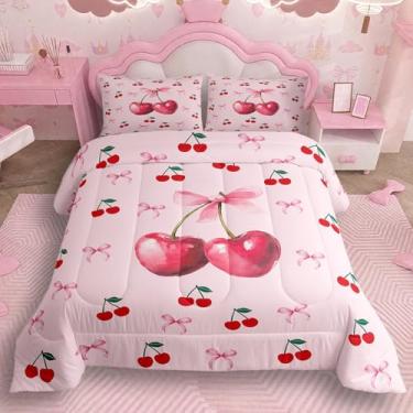 Imagem de Feelyou Conjunto de cama macio com laço de cereja rosa para meninos e meninas, conjunto de edredom fofo de cereja, estilo princesa sonhadora, edredom de microfibra, 2 peças com 1 fronha