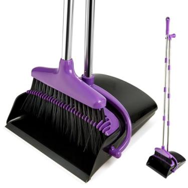 Imagem de XXFLOWER Conjunto de vassoura e pá de lixo, conjunto de pá de lixo leve de cabo longo com vassoura para varredura de casa, cozinha, escritório, roxo
