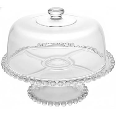 Imagem de Prato para Bolo de Vidro com Tampa, Design Clássico Bolinhas em Relevo, Vidro Transparente, Base com Pedestal