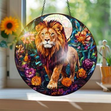Imagem de Apanhador solar de acrílico colorido, estilo vitral com estampa de leão animal com reflexos de arco-íris, arte de parede para decoração de janela suspensa, ornamentos de Natal para uso interno e