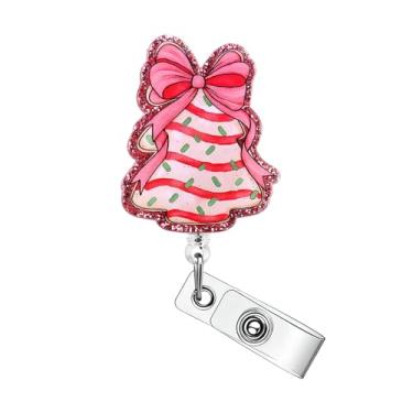 Imagem de Carretel de crachá de árvore de Natal rosa para dia dos namorados, retrátil, clipe de crachá de árvore de Natal com clipe de jacaré giratório 360, suporte de crachá de glitter rosa fofo para