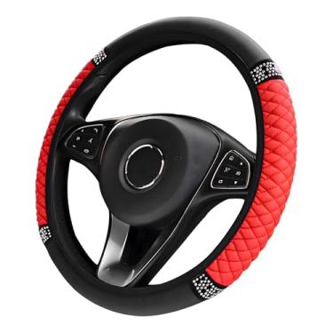 Imagem de MUQIDA Capa de volante de couro macio brilhante, 35 a 38 cm, strass brilhante, antiderrapante, protetor de volante, elástico, interior para mulheres e meninas (vermelho)