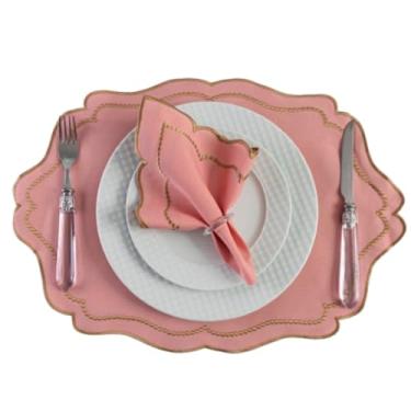 Imagem de Jogo Americano Luxo com Guardanapos, 12 Peças 6 Lugares, Sousplat Bordado Dourado, Oxford Engomado, 50x35cm, Elegante para Mesa Posta, Diversas Cores (Rose)