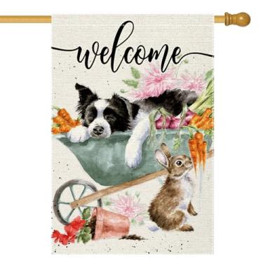 Imagem de Bem-vindo primavera verão jardim bandeira 71 x 101 cm serapilheira dupla face cão gato monociclo exterior quintal gramado rústico fazenda bandeiras decoração (RMQ-264D, 28"X40")