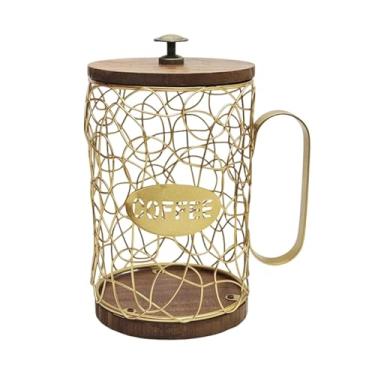 Imagem de Baoblaze Cesto Organizador de Cápsulas de Café com Porta-Cápsulas, Grande Capacidade, Acessórios para Bar, Organizador de Arame para Balcão de Cafeteria, Ouro, com Tampa