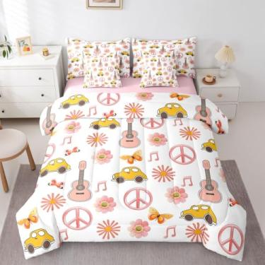Imagem de Erosebridal Jogo de cama de música casal | Conjunto de edredom floral vintage de 7 peças botânico, borboleta, guitarra, respirável, leve, hippie, funky, lençol com elástico, reversível