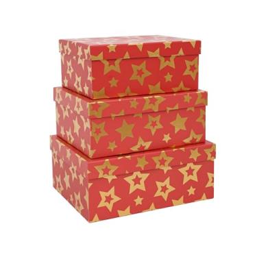 Imagem de MIZFRUZZY Caixas de armazenamento decorativas de 3 peças com tampas, estrela dourada vermelha, embrulho de apresentação, conjunto de caixa de lembrança de papelão e papelão, caixa de armazenamento de