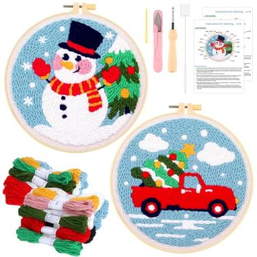 Imagem de JSRQT 2 conjuntos de kit de agulhas de punção de Natal, kit inicial de bordado de agulha de perfuração para adultos iniciantes, conjunto de tapete de ponto cruz artesanal para iniciantes com 2 argolas