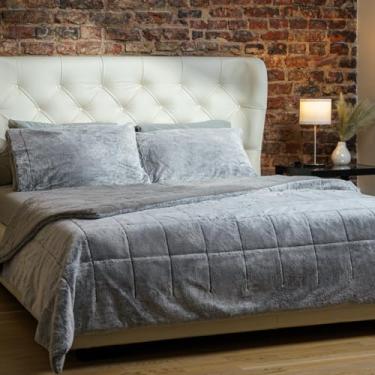 Imagem de Mon Chateau Conjunto de edredom Queen cinza de 3 peças, quadrados 3D, de pele sintética, design acolchoado, luxuoso, ultramacio, aconchegante para decoração de quarto, conjunto de cama para todas as