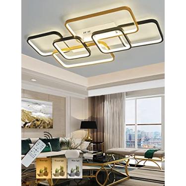 Imagem de Luminária de teto LED regulável para sala de estar, com design patchwork preto e dourado, retangular, 3000K-6000K, com controle remoto, ideal para iluminação interna de hotéis, restaurantes